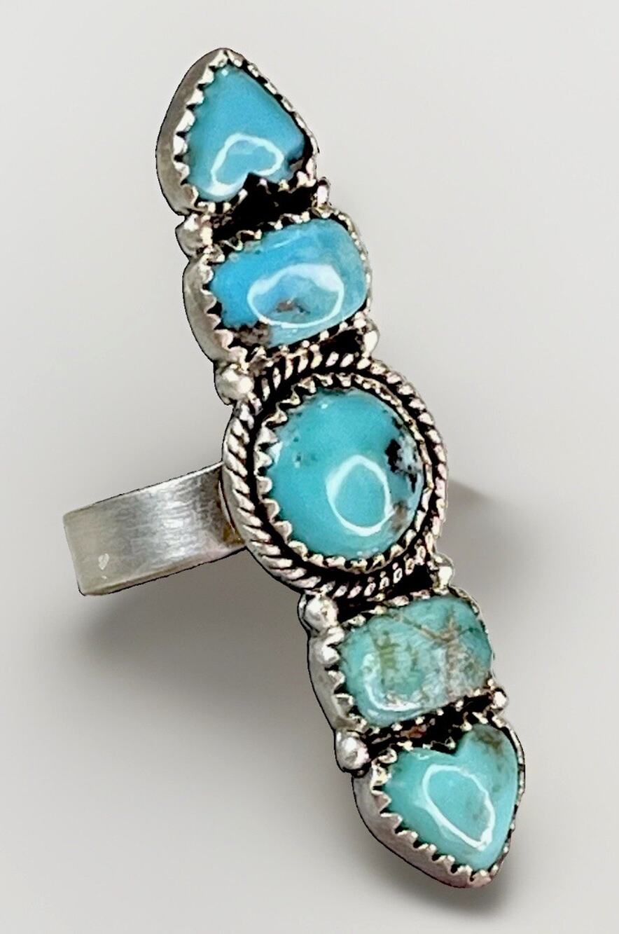 Sterling Silver Large Campitos Turquoise Cluster Statement Full Finger Ring 925